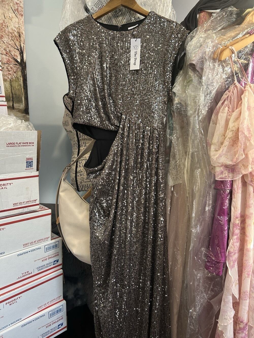 The Drop | Medium | Padma | Pewter | Cutout Sequin Midi | NWT